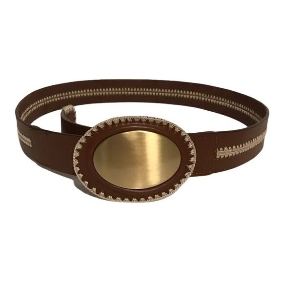 Western Belt Brown Beige Leather Adjustable Hook Eye Embroidered 36-40 - Picture 1 of 5